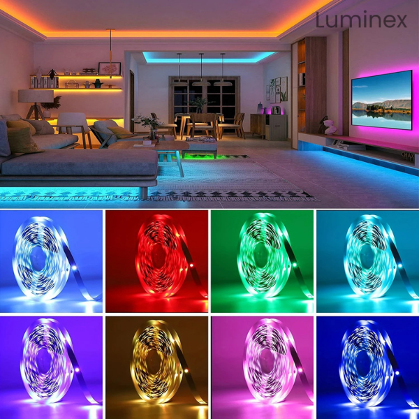 Fita LED RGB Inteligente Luminex – Controle via APP e Controle Remoto, 1m | 2m | 3m | 5m | 10m | 15m | 20m | 30m, Iluminação Personalizada para Quartos e Decoração