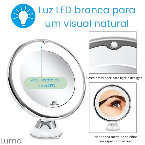 Luma - Espelho de Maquiagem LED com Aumento 10X, Iluminação Touch e Ventosa para Fixação