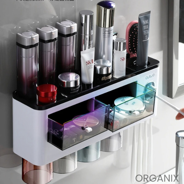 Organix - Suporte Organizador de Banheiro com Porta-Escova e Dispensador Automático de Pasta de Dente