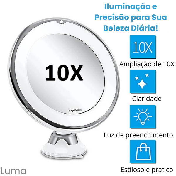 Luma - Espelho de Maquiagem LED com Aumento 10X, Iluminação Touch e Ventosa para Fixação