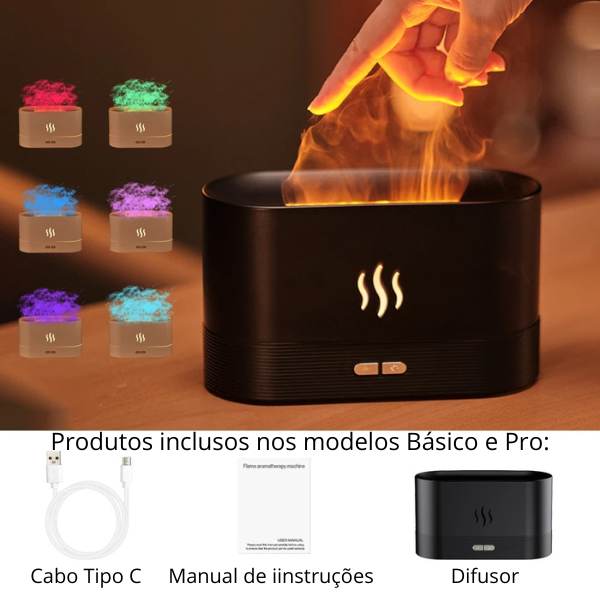 VaporZen Difusor de Aromas – Umidificador Ultrassônico com Efeito de Chama e Luz LED para Aromaterapia