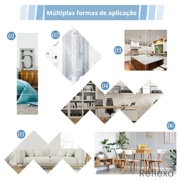 Reflexa – Espelhos Decorativos Adesivos 3D para Parede | Kit com 4 Unidades