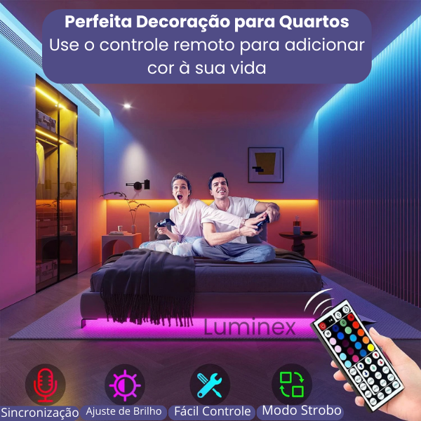 Fita LED RGB Inteligente Luminex – Controle via APP e Controle Remoto, 1m | 2m | 3m | 5m | 10m | 15m | 20m | 30m, Iluminação Personalizada para Quartos e Decoração