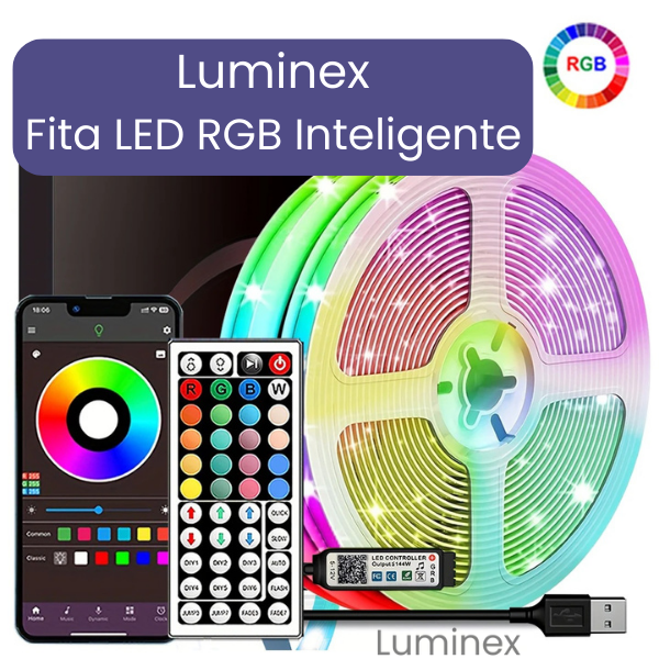 Fita LED RGB Inteligente Luminex – Controle via APP e Controle Remoto, 1m | 2m | 3m | 5m | 10m | 15m | 20m | 30m, Iluminação Personalizada para Quartos e Decoração