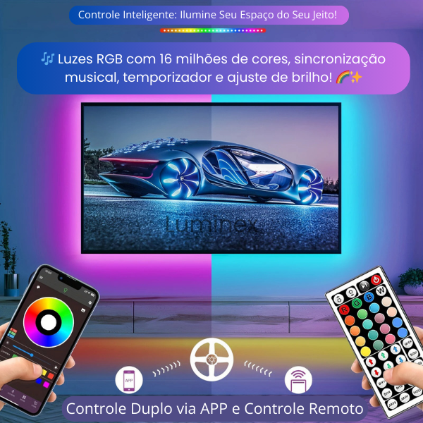 Fita LED RGB Inteligente Luminex – Controle via APP e Controle Remoto, 1m | 2m | 3m | 5m | 10m | 15m | 20m | 30m, Iluminação Personalizada para Quartos e Decoração
