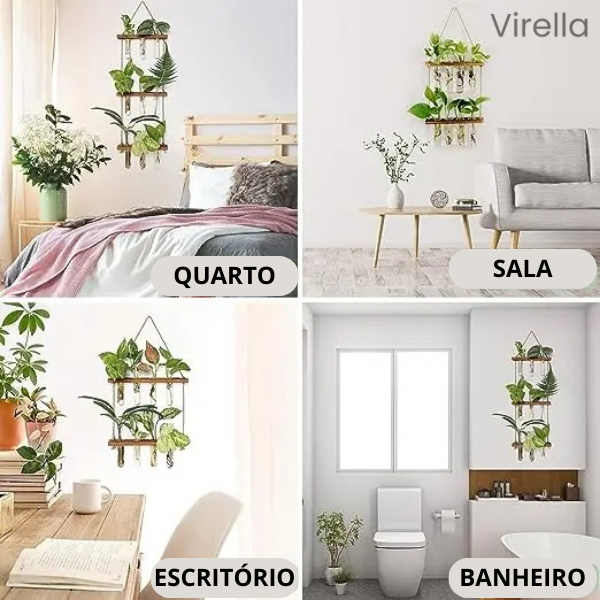 Virella - Suporte Suspenso para Plantas com Tubos de Vidro e Base de Madeira