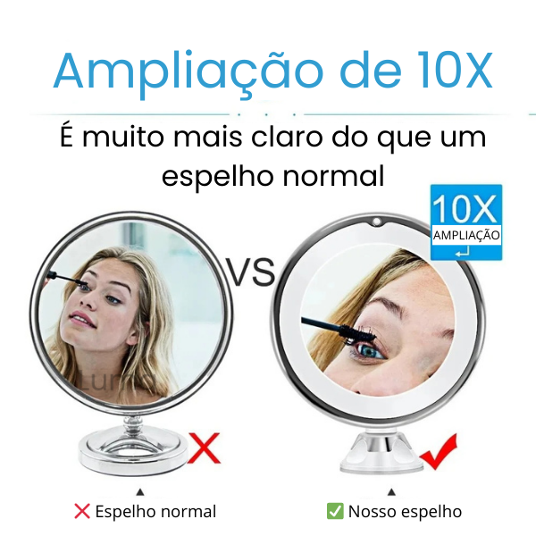 Luma - Espelho de Maquiagem LED com Aumento 10X, Iluminação Touch e Ventosa para Fixação