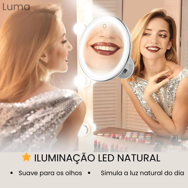 Luma - Espelho de Maquiagem LED com Aumento 10X, Iluminação Touch e Ventosa para Fixação