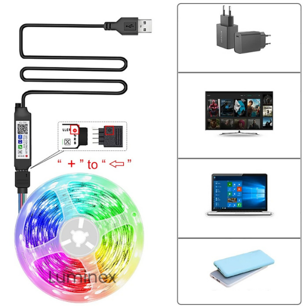 Fita LED RGB Inteligente Luminex – Controle via APP e Controle Remoto, 1m | 2m | 3m | 5m | 10m | 15m | 20m | 30m, Iluminação Personalizada para Quartos e Decoração