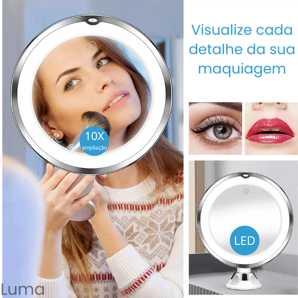 Luma - Espelho de Maquiagem LED com Aumento 10X, Iluminação Touch e Ventosa para Fixação