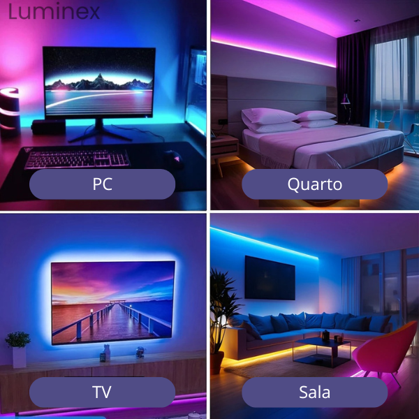 Fita LED RGB Inteligente Luminex – Controle via APP e Controle Remoto, 1m | 2m | 3m | 5m | 10m | 15m | 20m | 30m, Iluminação Personalizada para Quartos e Decoração