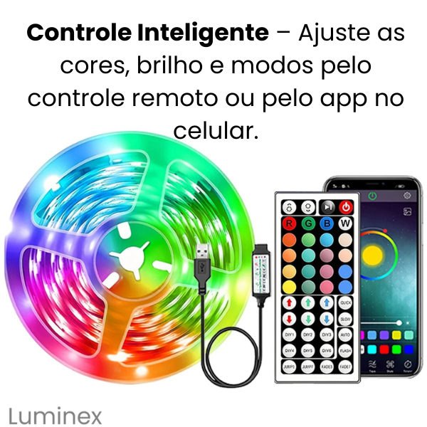 Fita LED RGB Inteligente Luminex – Controle via APP e Controle Remoto, 1m | 2m | 3m | 5m | 10m | 15m | 20m | 30m, Iluminação Personalizada para Quartos e Decoração