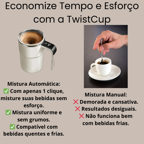 TwistCup - Caneca Elétrica Inteligente 380ML - Misturador Automático USB Recarregável para Café, Chá, Sucos e Mais