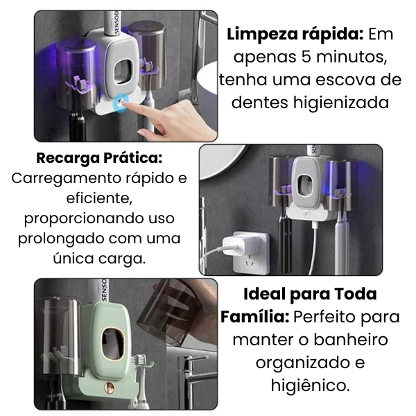 PureSmile - Dispenser Automático de Pasta de Dente com Esterilizador UV e Suporte para Escovas