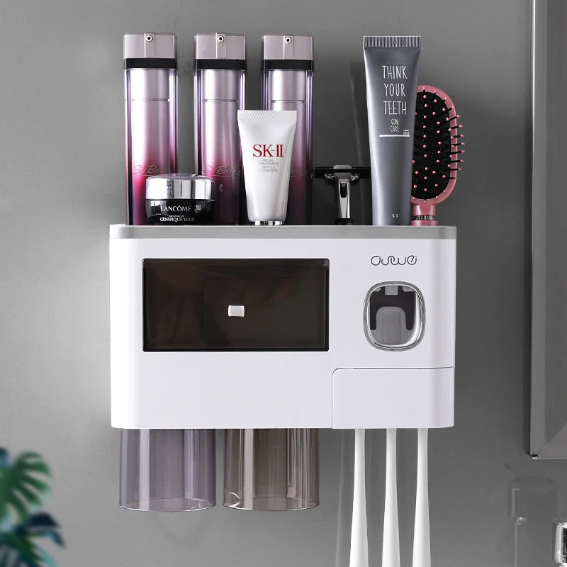 Organix - Suporte Organizador de Banheiro com Porta-Escova e Dispensador Automático de Pasta de Dente