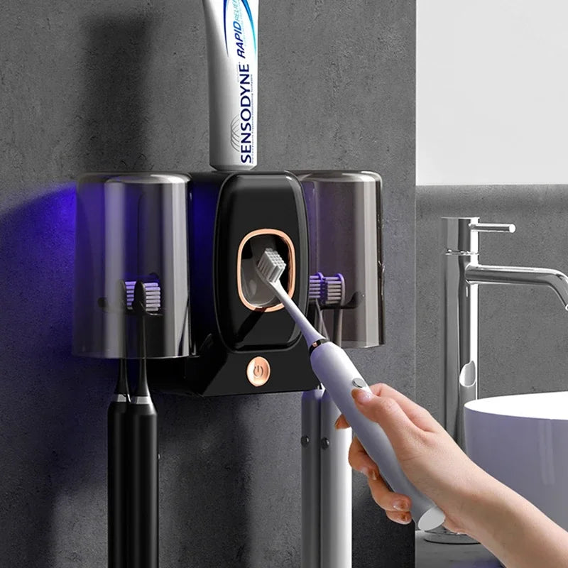 PureSmile - Dispenser Automático de Pasta de Dente com Esterilizador UV e Suporte para Escovas