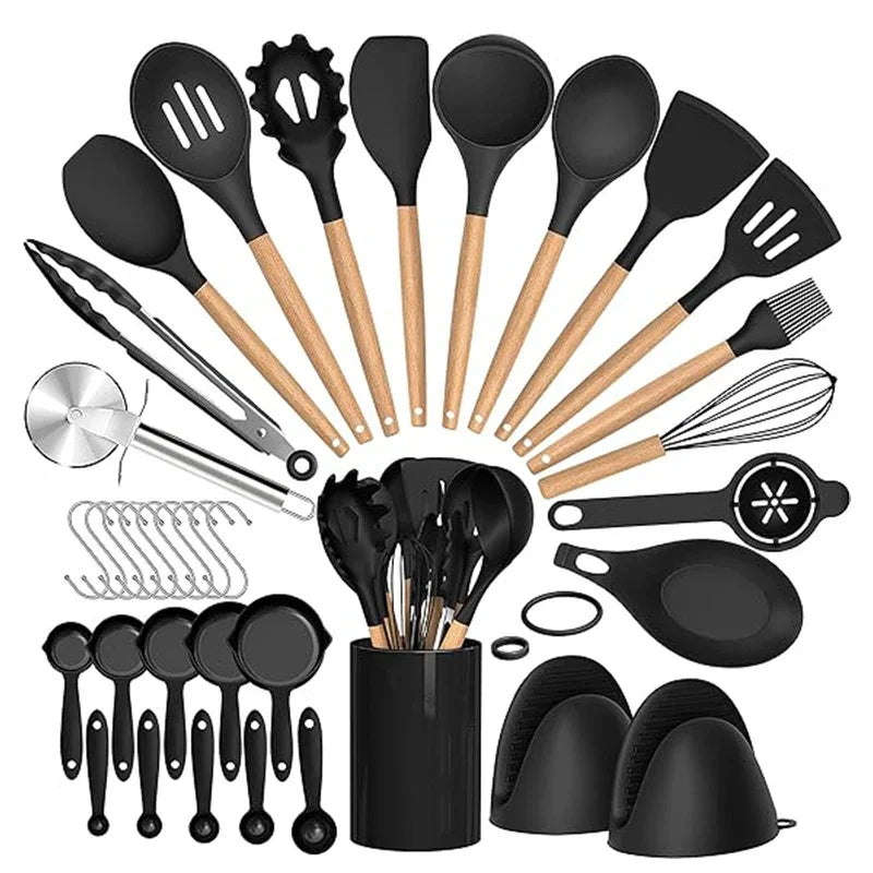 Conjunto Completo de Utensílios de Silicone com Suporte – 36 Peças Essenciais