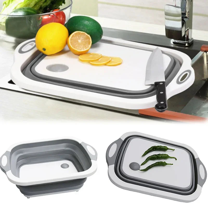 FlexBoard - Tábua de Corte 3 em 1 Dobrável - Cesto de Drenagem e Recipiente Multifuncional para Cozinha