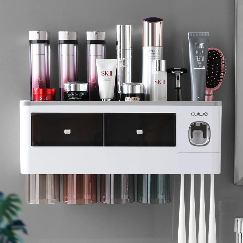 Organix - Suporte Organizador de Banheiro com Porta-Escova e Dispensador Automático de Pasta de Dente
