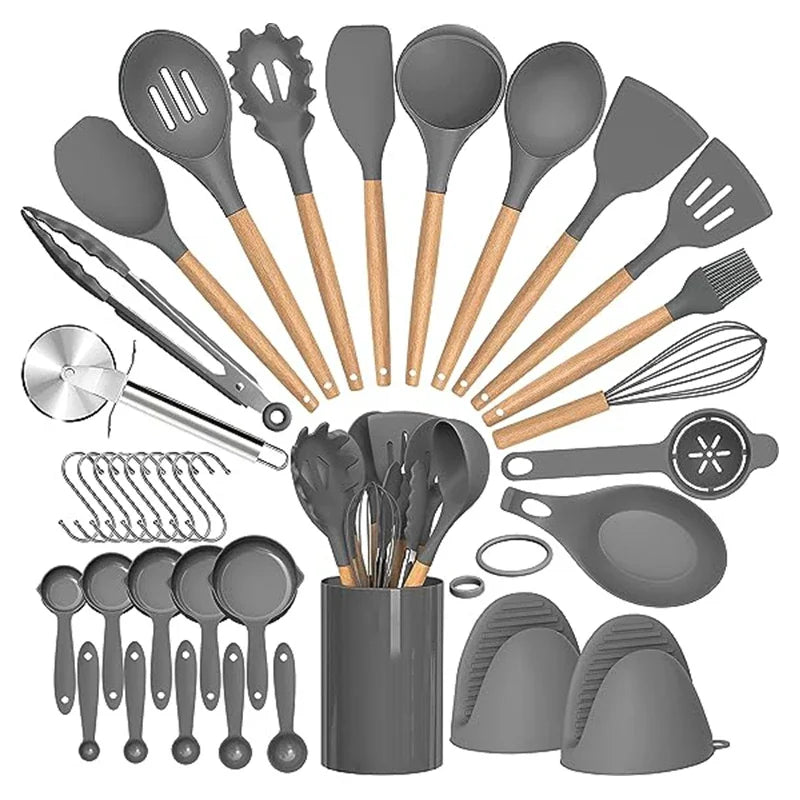 Conjunto Completo de Utensílios de Silicone com Suporte – 36 Peças Essenciais