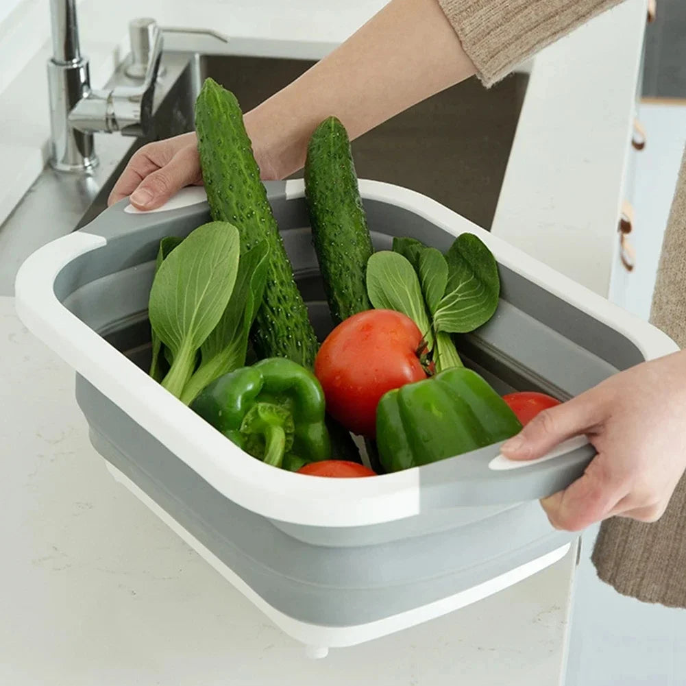FlexBoard - Tábua de Corte 3 em 1 Dobrável - Cesto de Drenagem e Recipiente Multifuncional para Cozinha