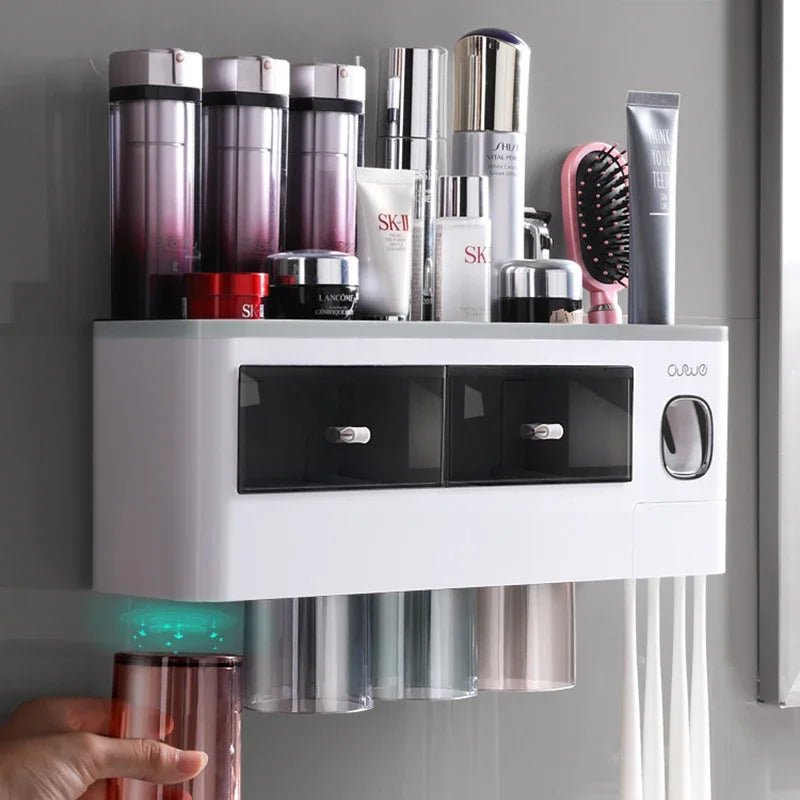 Organix - Suporte Organizador de Banheiro com Porta-Escova e Dispensador Automático de Pasta de Dente