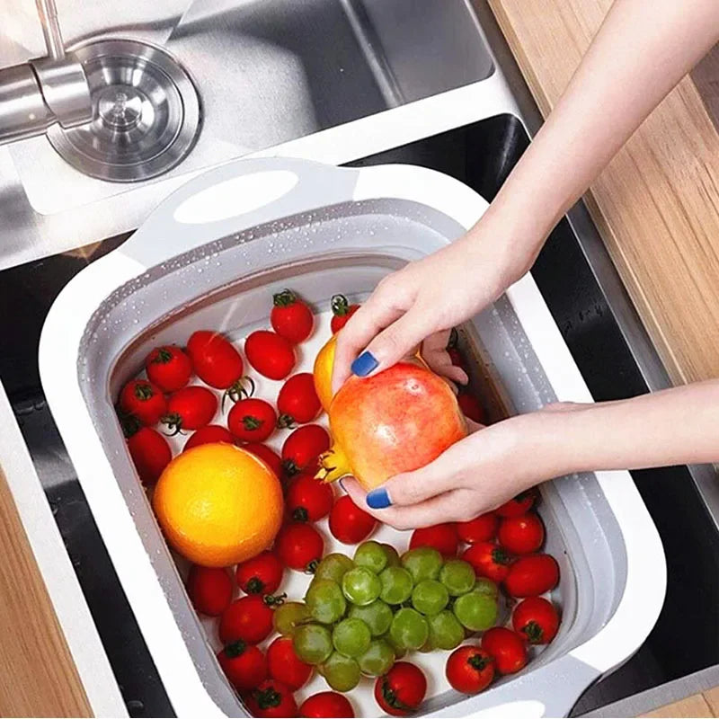 FlexBoard - Tábua de Corte 3 em 1 Dobrável - Cesto de Drenagem e Recipiente Multifuncional para Cozinha