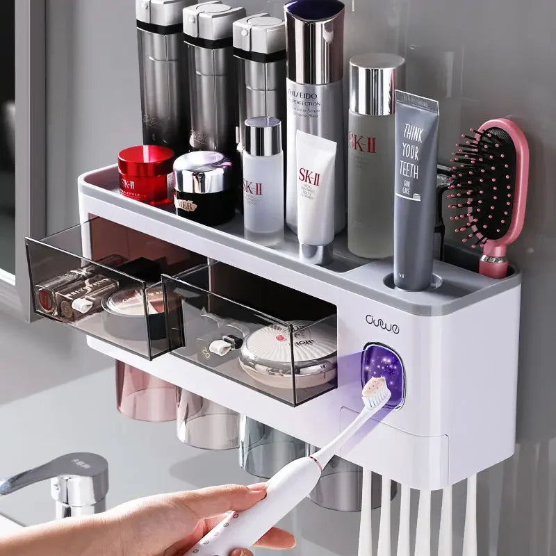 Organix - Suporte Organizador de Banheiro com Porta-Escova e Dispensador Automático de Pasta de Dente