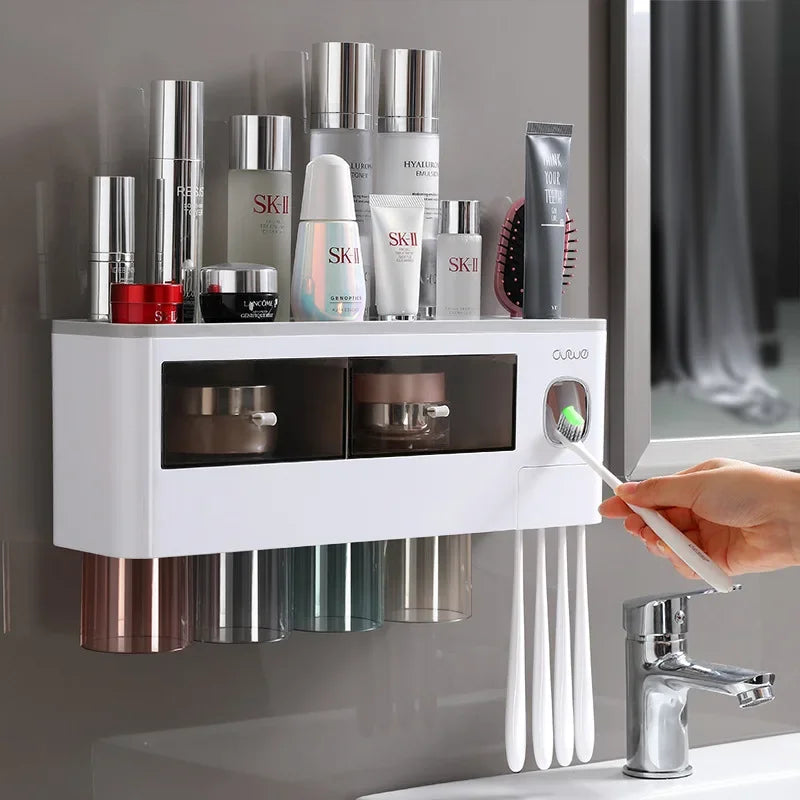 Organix - Suporte Organizador de Banheiro com Porta-Escova e Dispensador Automático de Pasta de Dente
