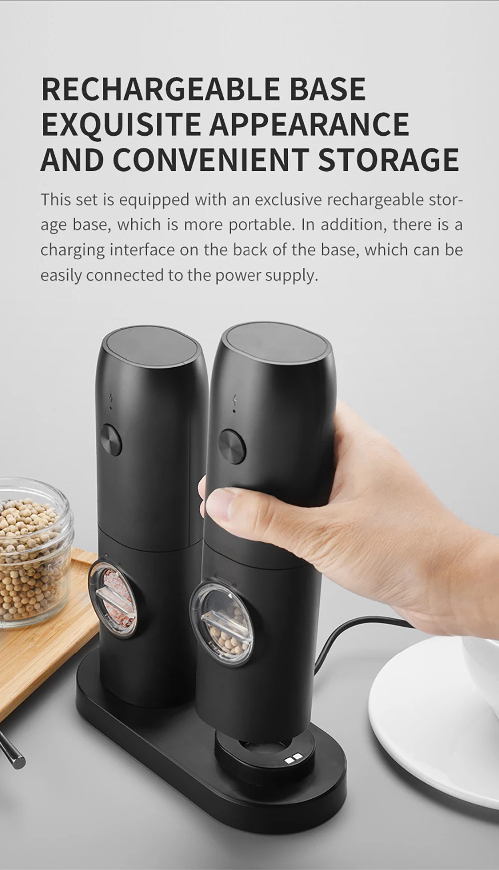 Moedor Elétrico de Sal e Pimenta Recarregável com Luz LED e Moagem Ajustável – Carregamento USB