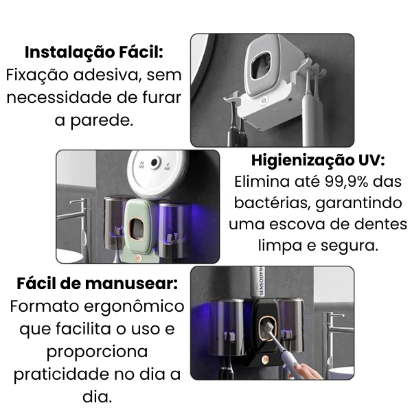 PureSmile - Dispenser Automático de Pasta de Dente com Esterilizador UV e Suporte para Escovas