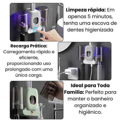 PureSmile - Dispenser Automático de Pasta de Dente com Esterilizador UV e Suporte para Escovas
