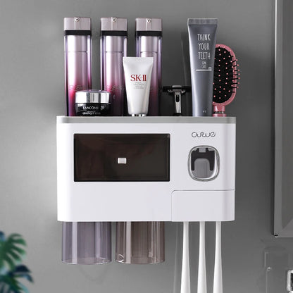 Organix - Suporte Organizador de Banheiro com Porta-Escova e Dispensador Automático de Pasta de Dente
