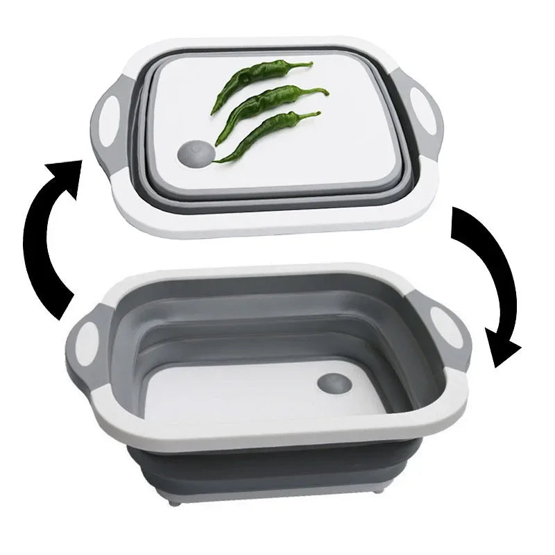 FlexBoard - Tábua de Corte 3 em 1 Dobrável - Cesto de Drenagem e Recipiente Multifuncional para Cozinha