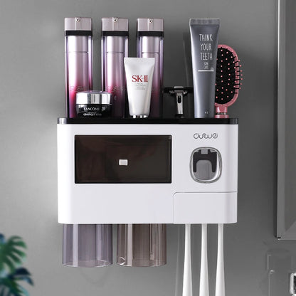 Organix - Suporte Organizador de Banheiro com Porta-Escova e Dispensador Automático de Pasta de Dente